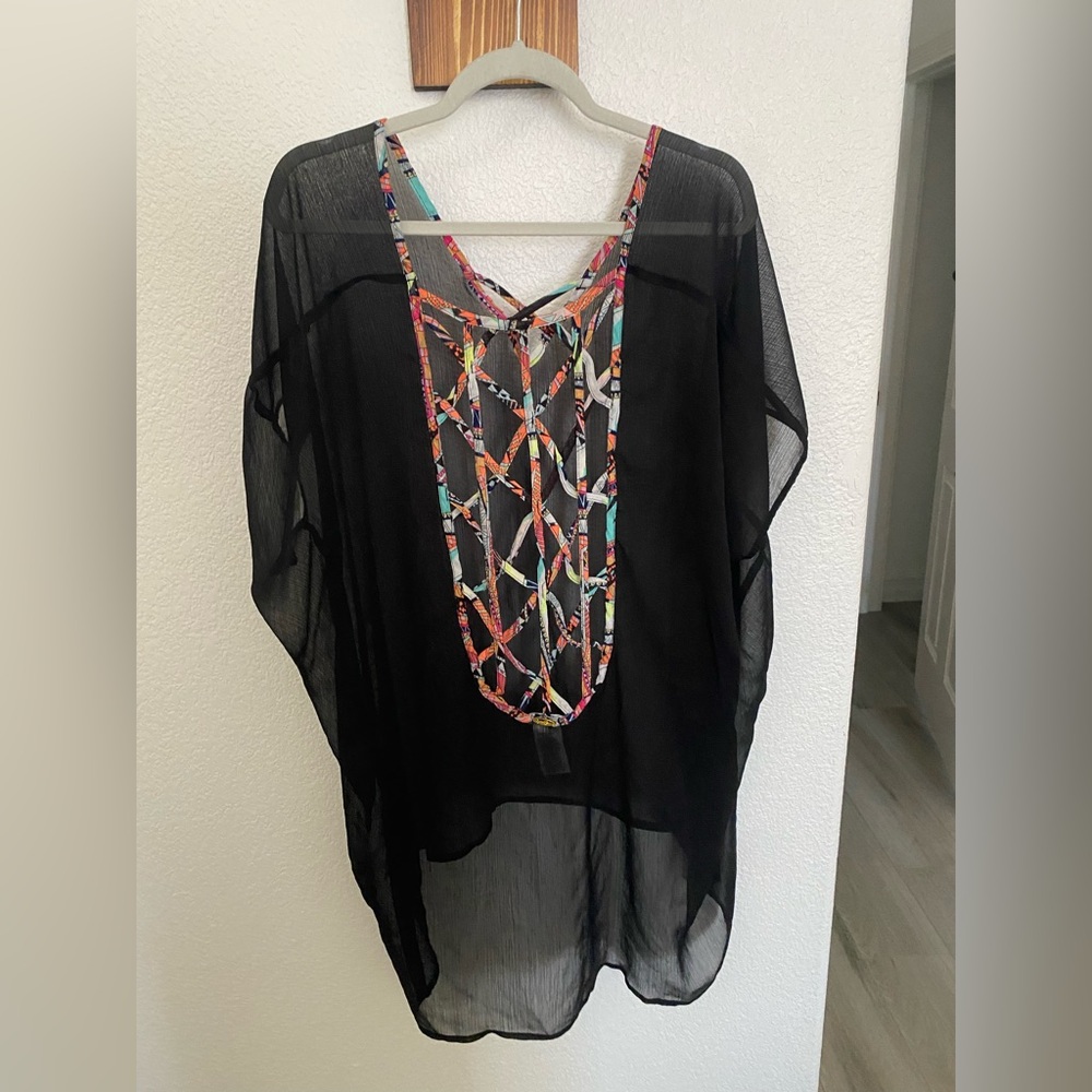 Jessica Simpson Black Sheer Cover-Up with Multicolor Accents size Medium